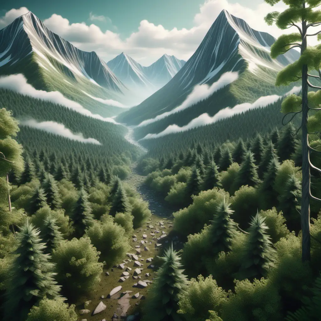 create a thriving forest scape from a Birds Eye view that looks realistic with mountains and detail 