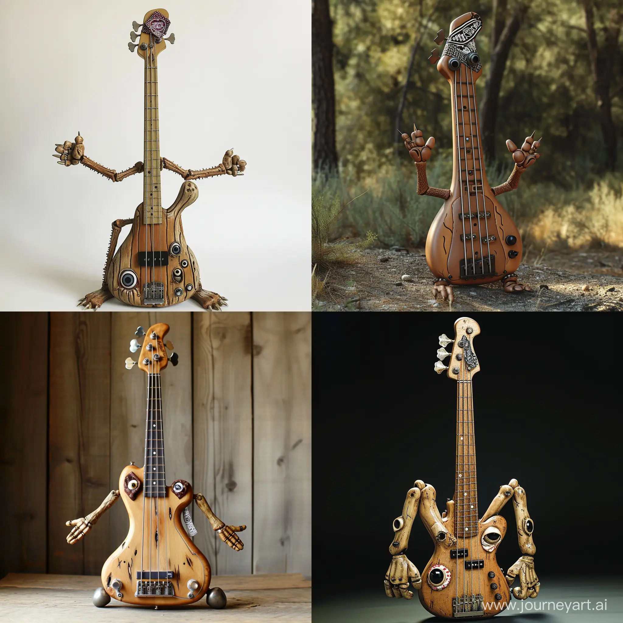 bass guitar with arms on the sides of its body and leg from the bottom of its body. Eyes on each side of the fretboard and bandana on its headstock