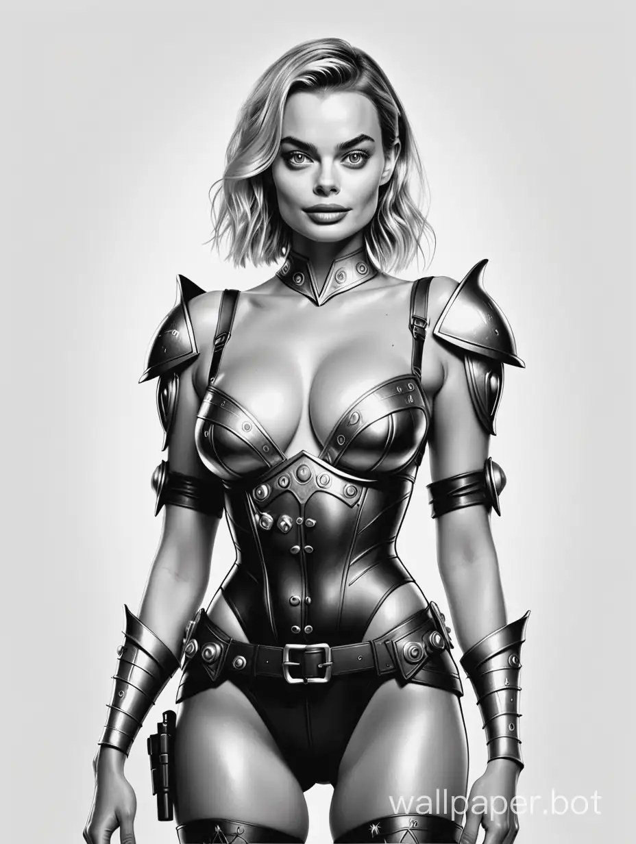 Young Margot Robbie. Large breasts. Narrow waist. Wide hips. Slender legs. Elf hunter with aliens blaster. Revealing clothing with lacing and metallic decorations. Deep neckline. Open hands. Protection on the left shoulder. White background. Black and white sketch. District style