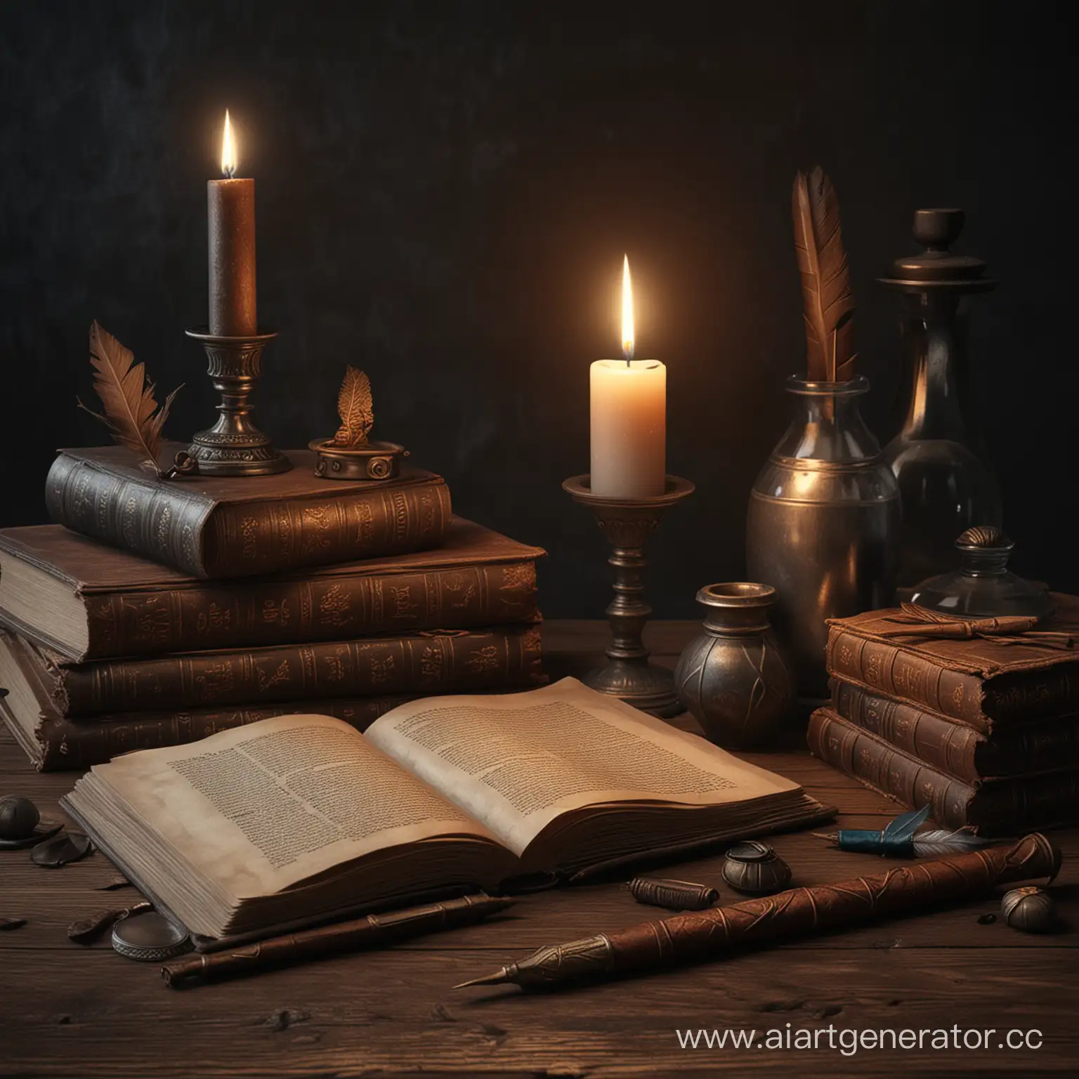 старинные книги, полумрак, свеча, перо чернильница, немного магии, крупный план, фотореализм