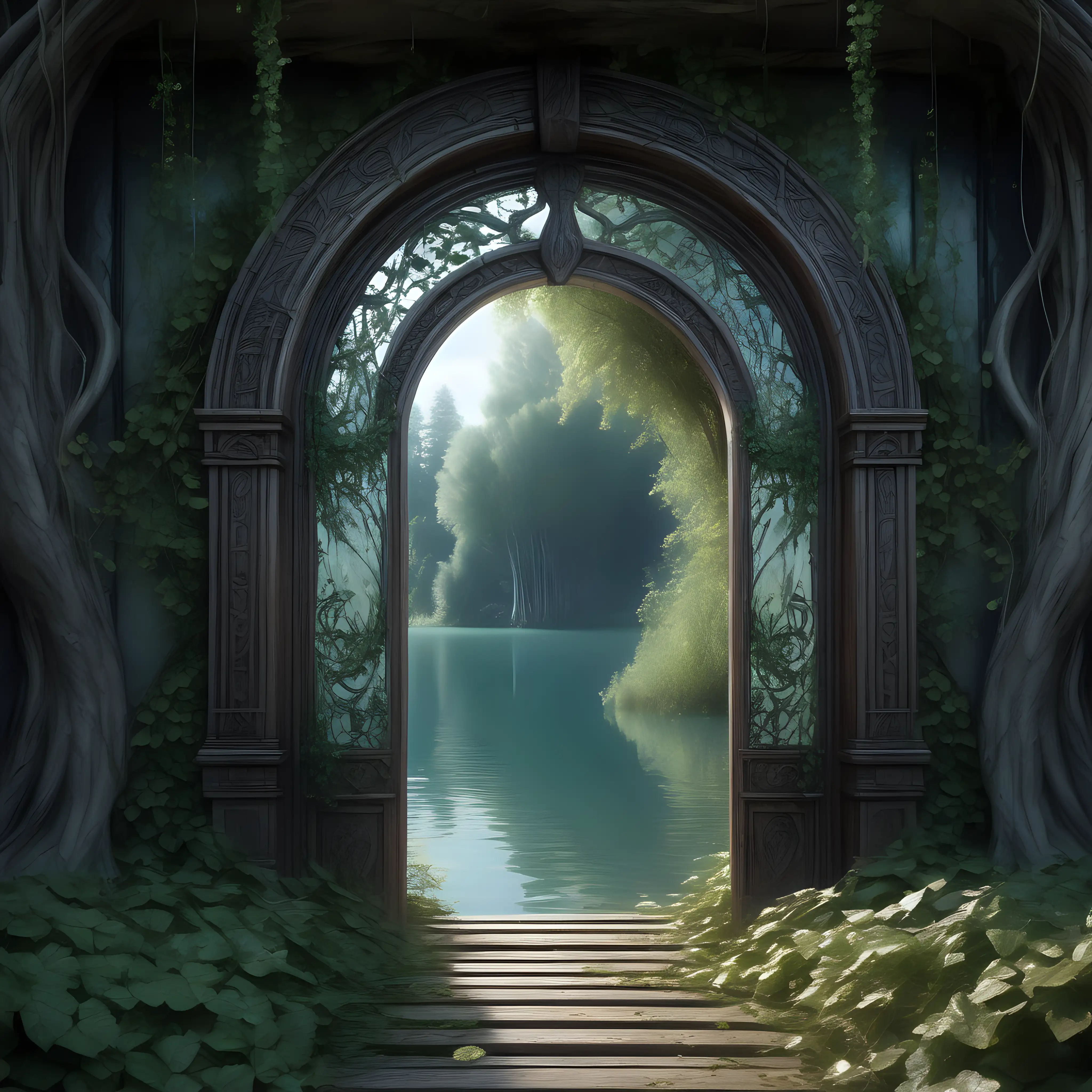 Enchanting Crystal Lake Pathway with Ancient Arched Doors and Mystical Mirror