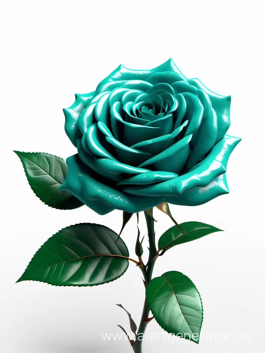 Realistic-Dark-Turquoise-Rose-8K-HD-with-Fresh-Lush-Green-Leaves-on-White-Background