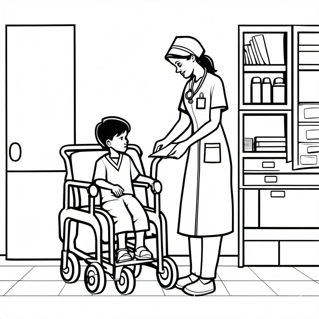 female nurse helping a young boy in hospital, Coloring Page, black and white, line art, white background, Simplicity, Ample White Space. The background of the coloring page is plain white to make it easy for young children to color within the lines. The outlines of all the subjects are easy to distinguish, making it simple for kids to color without too much difficulty