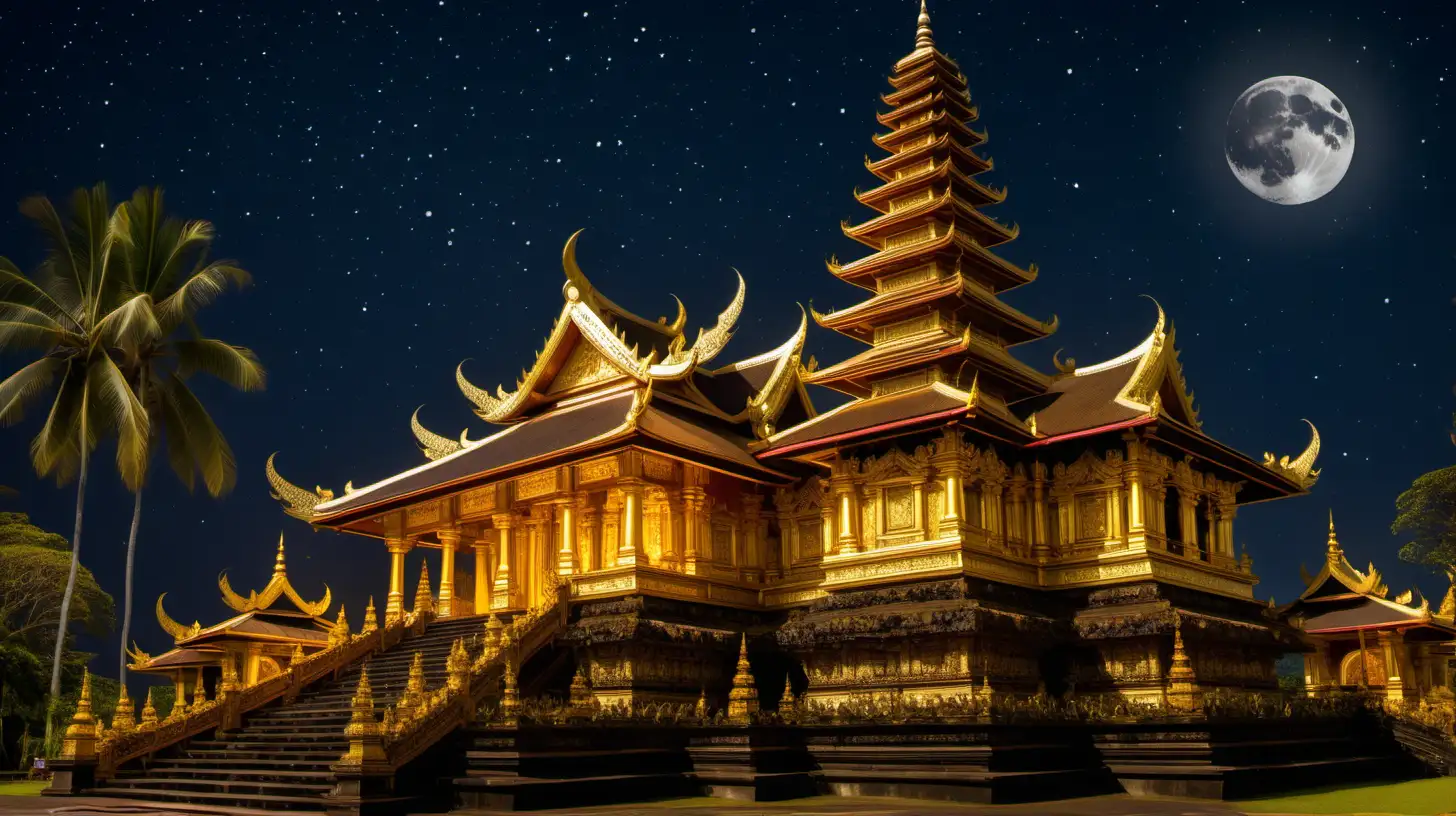 Majestic Golden Balinese Temple Illuminated by Moonlight and Starry Night