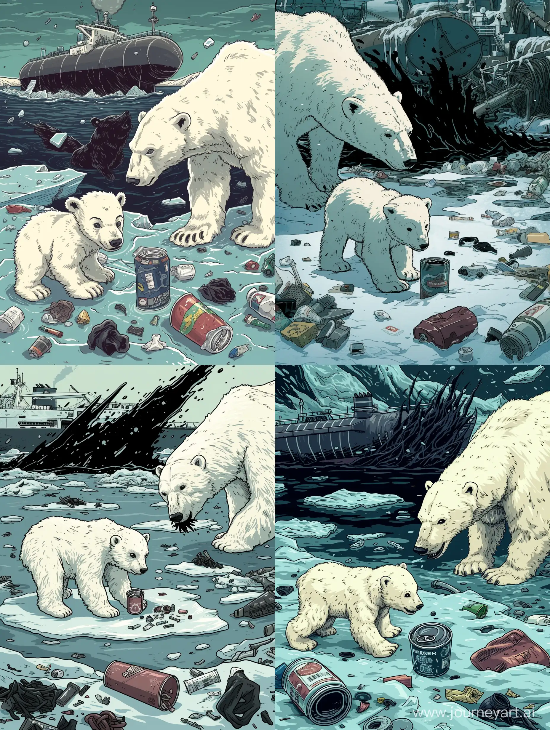 In foreground, a cub polar bear playing with a can. A mother polar bear is lookin desesperatly to him. surrounded by ice floe with trash spread. In background, a terrifying tanker, sinking, losing black would in water. Post-apocalyptic atmosphere. Realistic anime style with black outlines and flat painted colors.