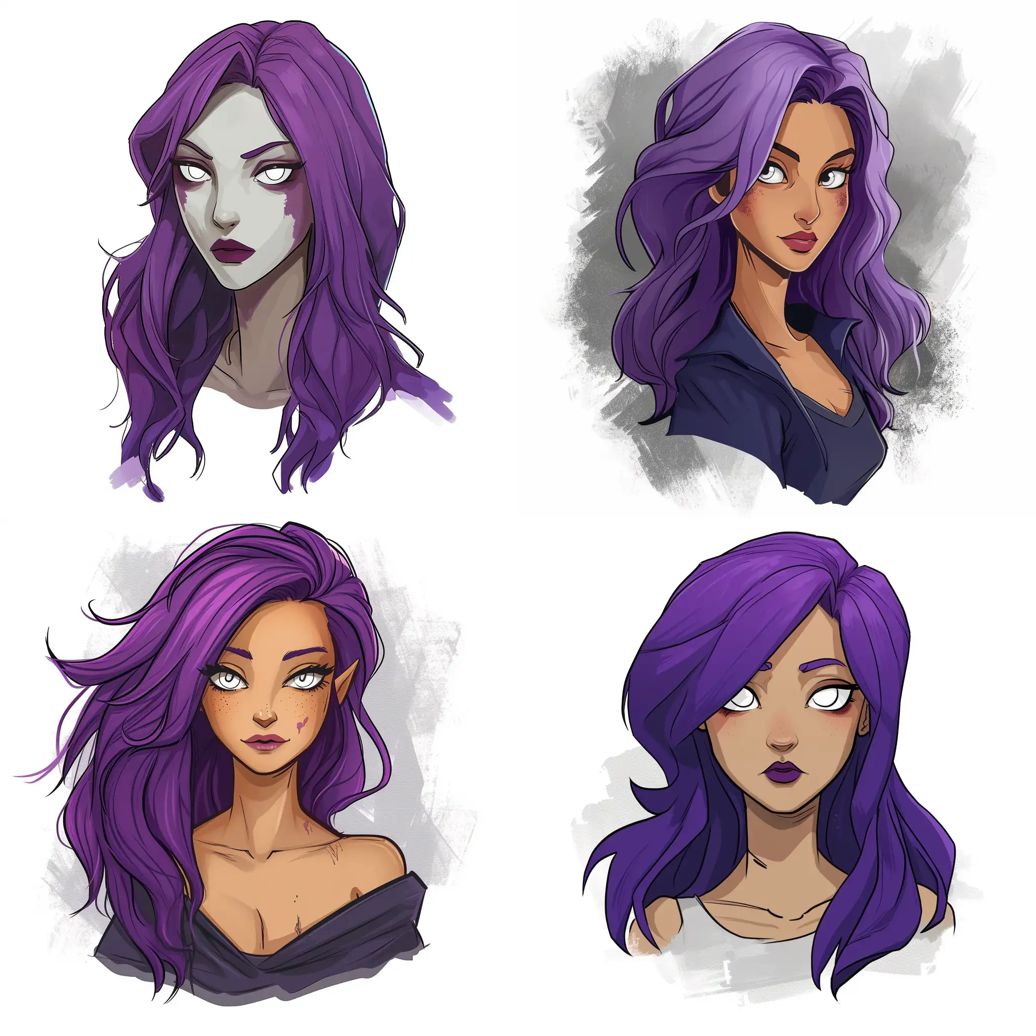 A character for the game. a woman with purple hair and white eyes. Draw in a cartoon style with hand paint elements