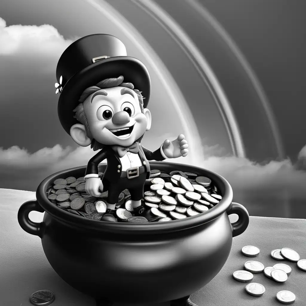 pot of gold next to leprechaun, black and white, pixar style