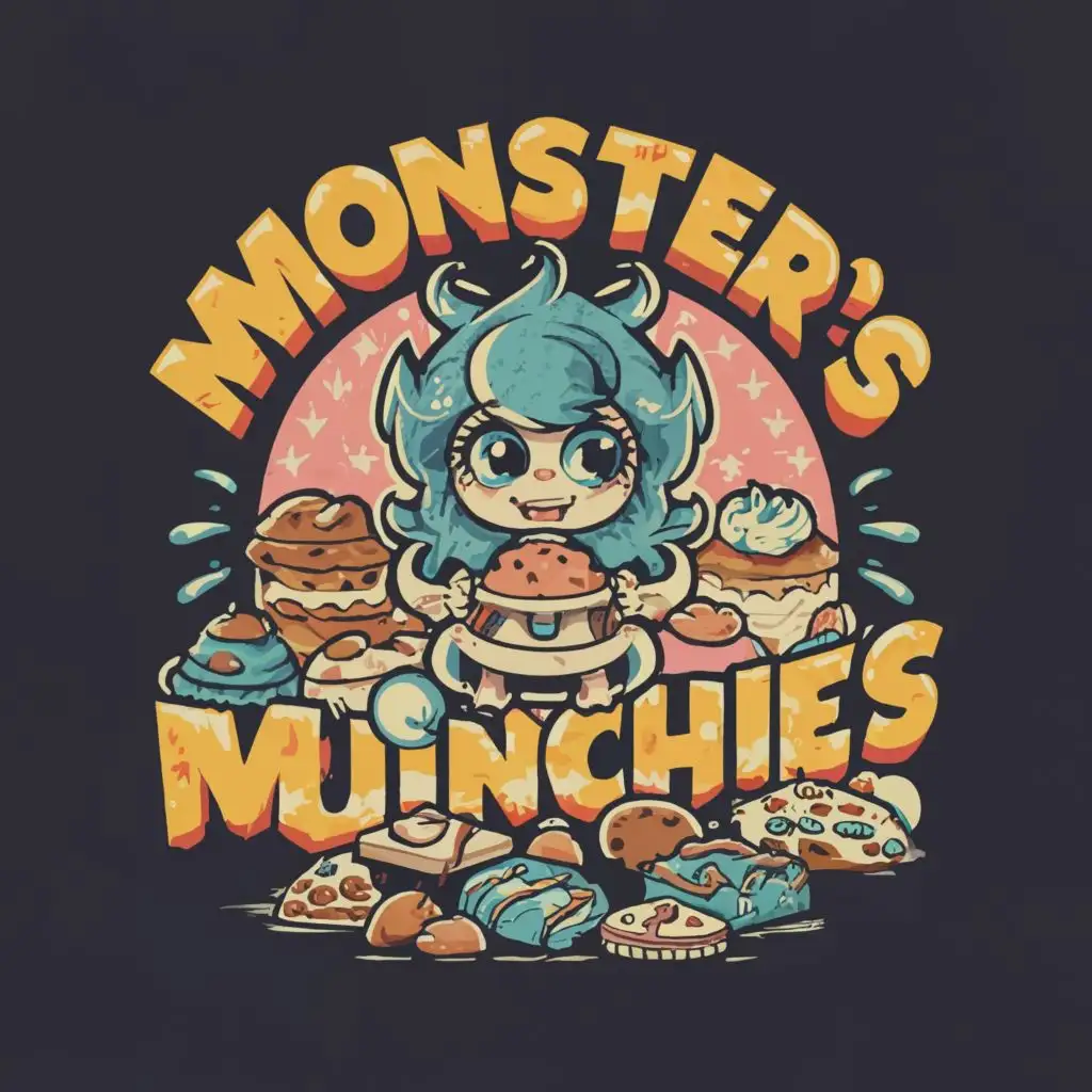 Illustrate a girl monster with blue eyes confidently holding a rolling pin, surrounded by an assortment of baked goods, with the name "Monsster's Munchiess" written in a fun, handwritten font. black and teal background.