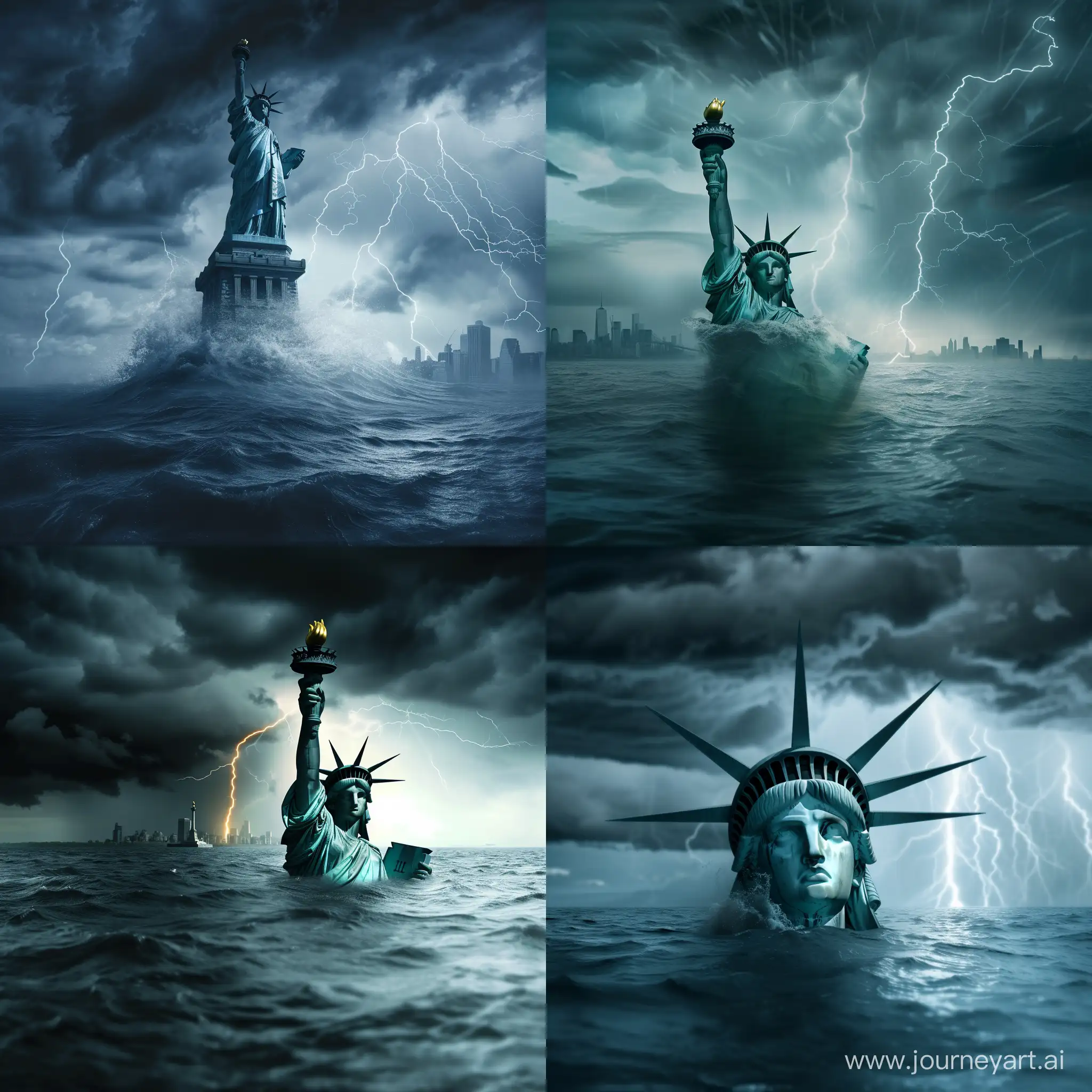Америка уходит под воду, Статуя Свободы выглядывает из под воды наполовину, шторм, молнии