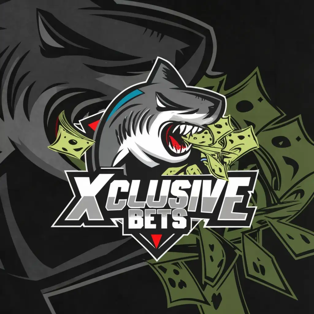 a logo design, with the text 'Xclusive Bets', main symbol: I need a hungry shark with money, complex, be used in Sports Fitness industry, clear background