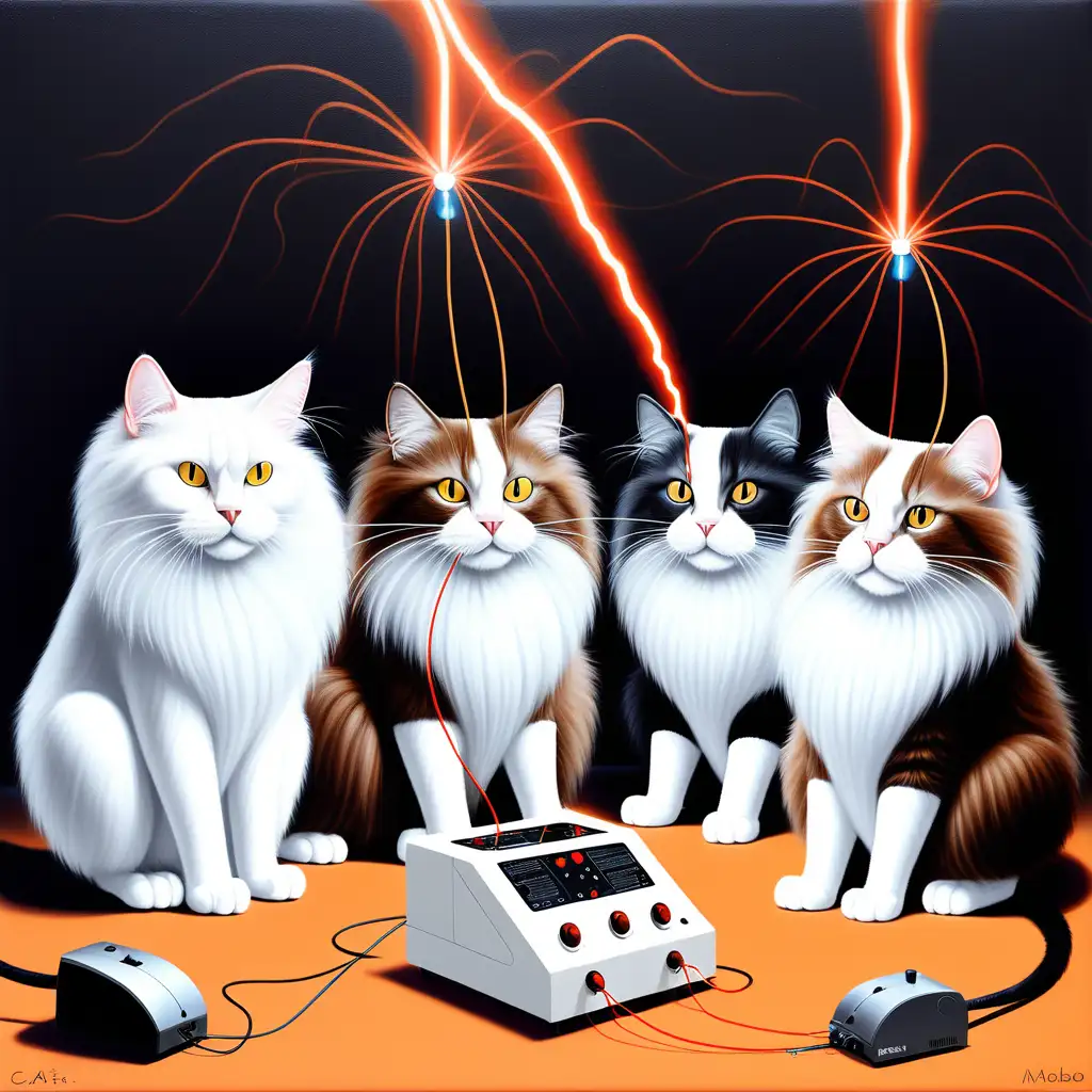 surrealistic painting of exactly 4 longhaired cats wich are hunting a mouse in an electric labo with a tesla coil.  2 cats have a white fur. 1 cat has a black and white fur. 1 cat has a brown and white fur.