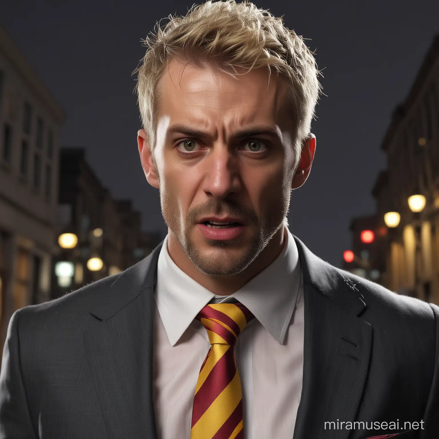 A nocturnal male stressed vampire, blonde short hair, businessman, wearing a suit, red and yellow weird tie, standing outside on the street at night, on his 40s, unshaven beard, madness, a little crazy, scar on his face, hurted, wrinkled clothes, realistic