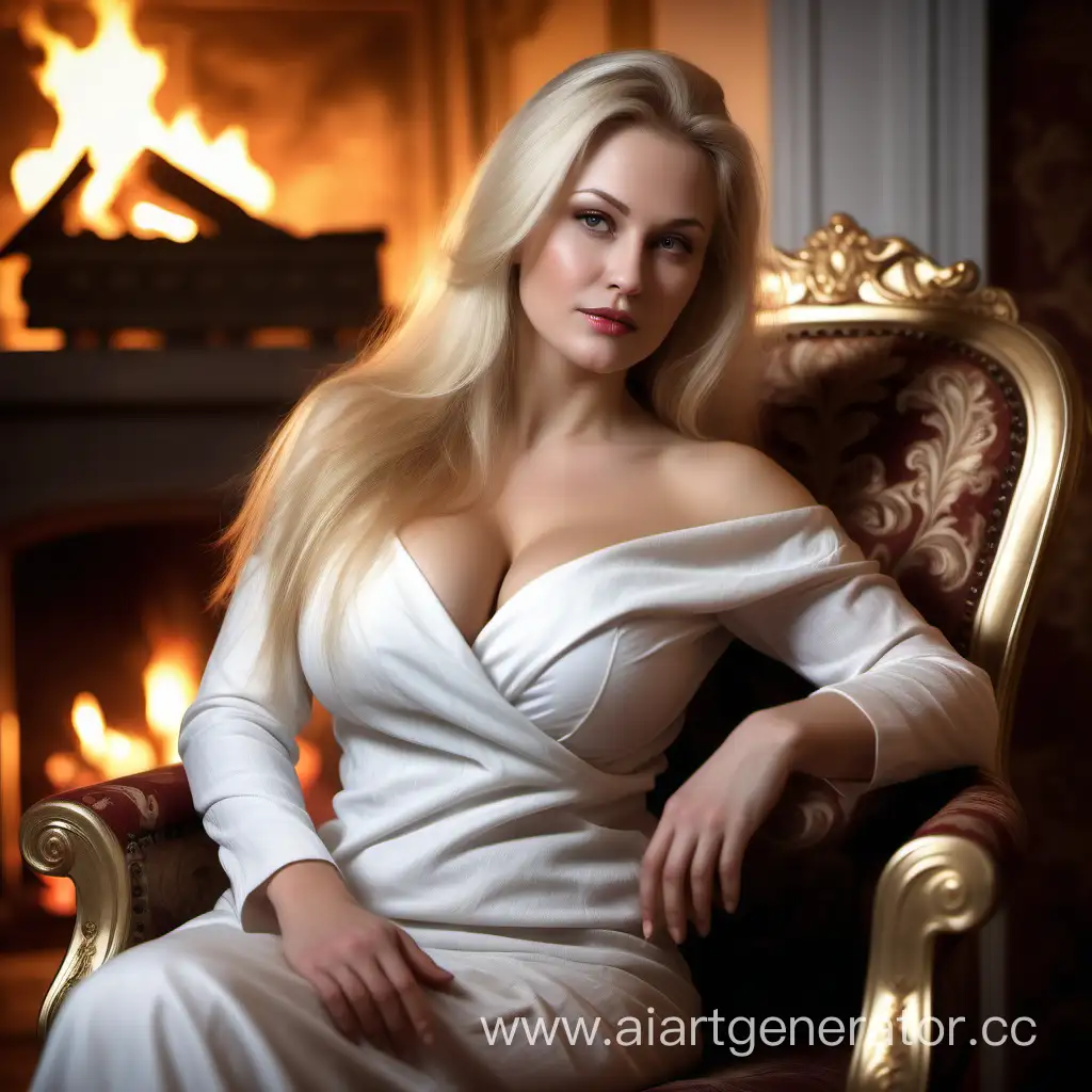 passionate, luxurious, voluptuous, sexy, passionate, voluminous curved long long blond haired, Not very big russian lady 38 year old. oprn chest, open shoulders. high resolution details, photorealistic, rich interior, sitting in chair near fireplace. White balance