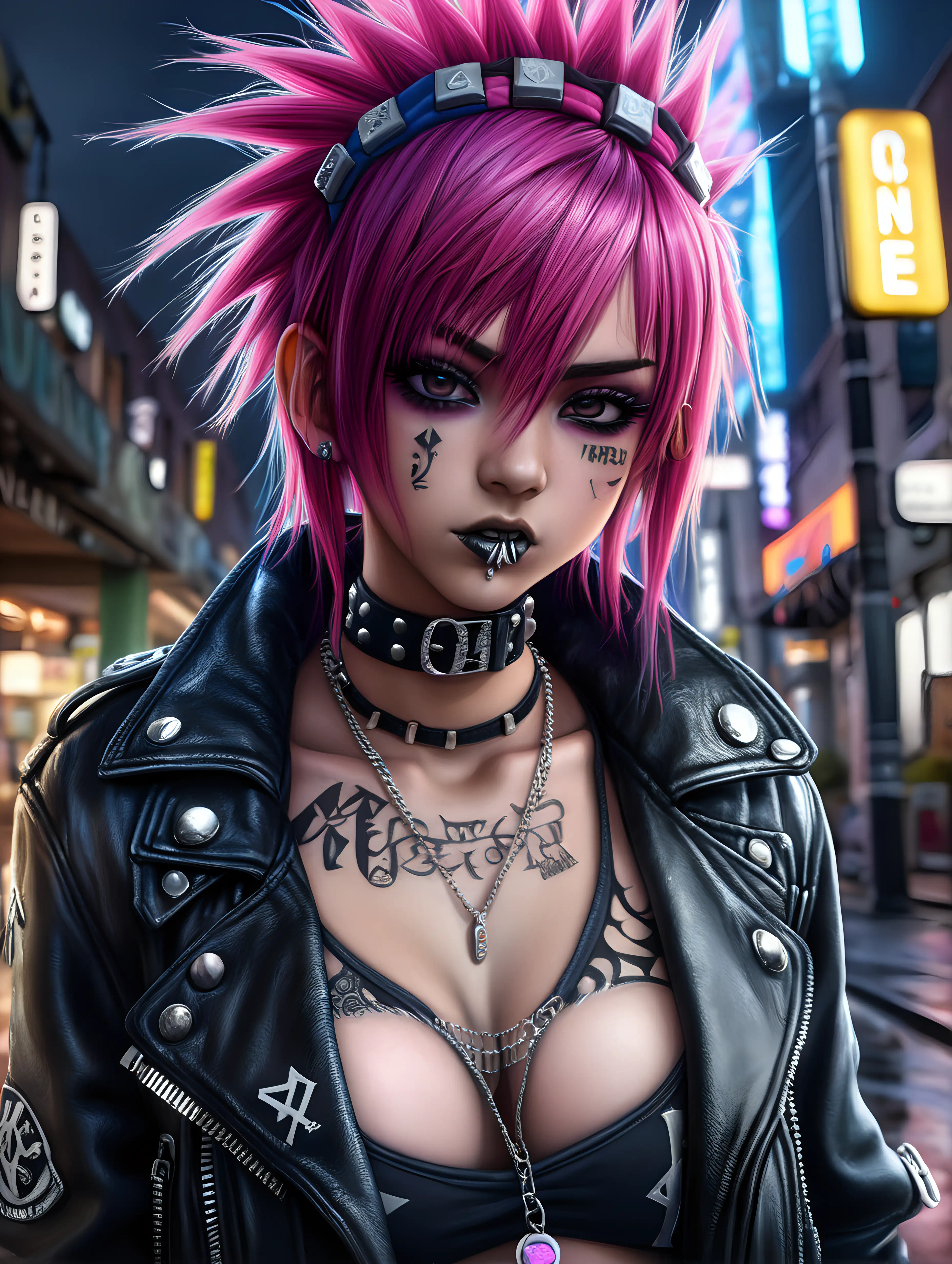 (cinematic lighting), In a gritty urban setting, a "Punk's Not Dead" anime girl defies convention with her rebellious attitude and distinctive style, Perfect breast, Adorned in punk fashion, spiked accessories, vibrant hair, and bold makeup, she embodies the spirit of nonconformity, creating a visual statement that declares the enduring vibrancy of punk culture, kneel on the wet ground, full body photo, angle from below, intricate details, detailed face, detailed eyes, hyper realistic photography,--v 5, unreal engine,