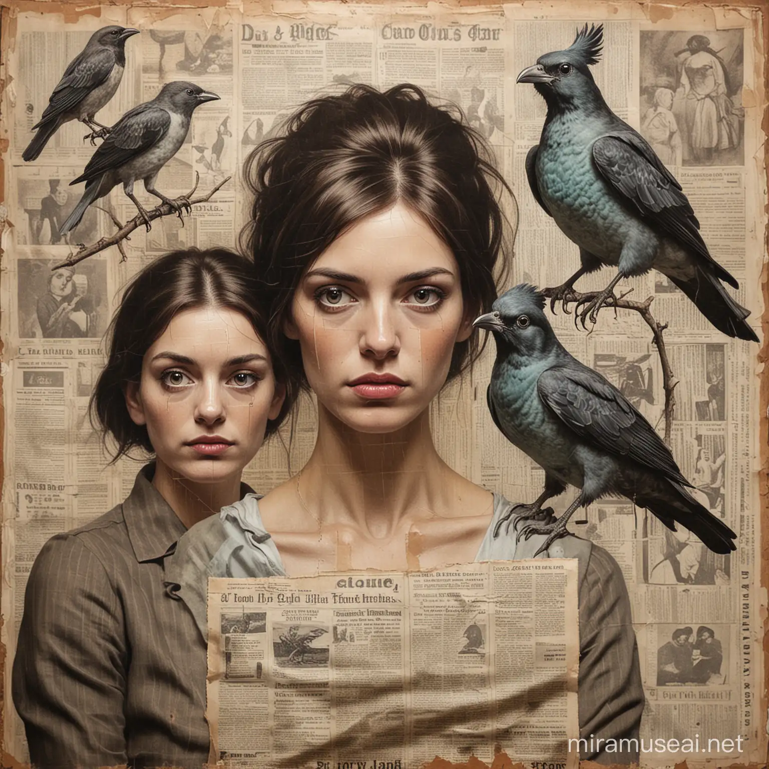 Eerie Mixed Media Painting Women Staring Amidst Disproportionate Bird and Newspaper Background
