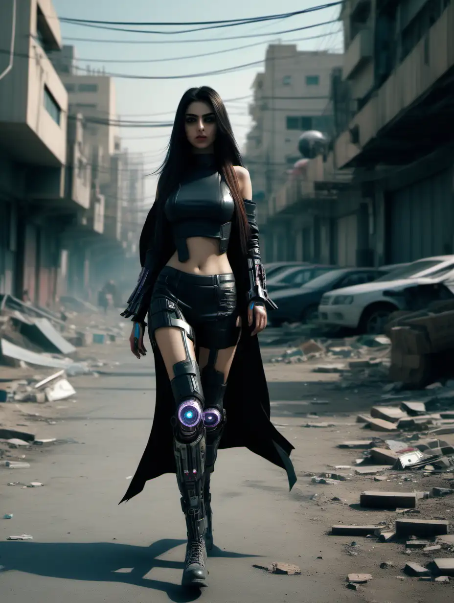 Highly resolution cyberpunk Tehran 8k with full body  Persian girls  with long hair walking in dystopia background cut and show full body head to legg on the land and his shoes and show her face highly details full length determined