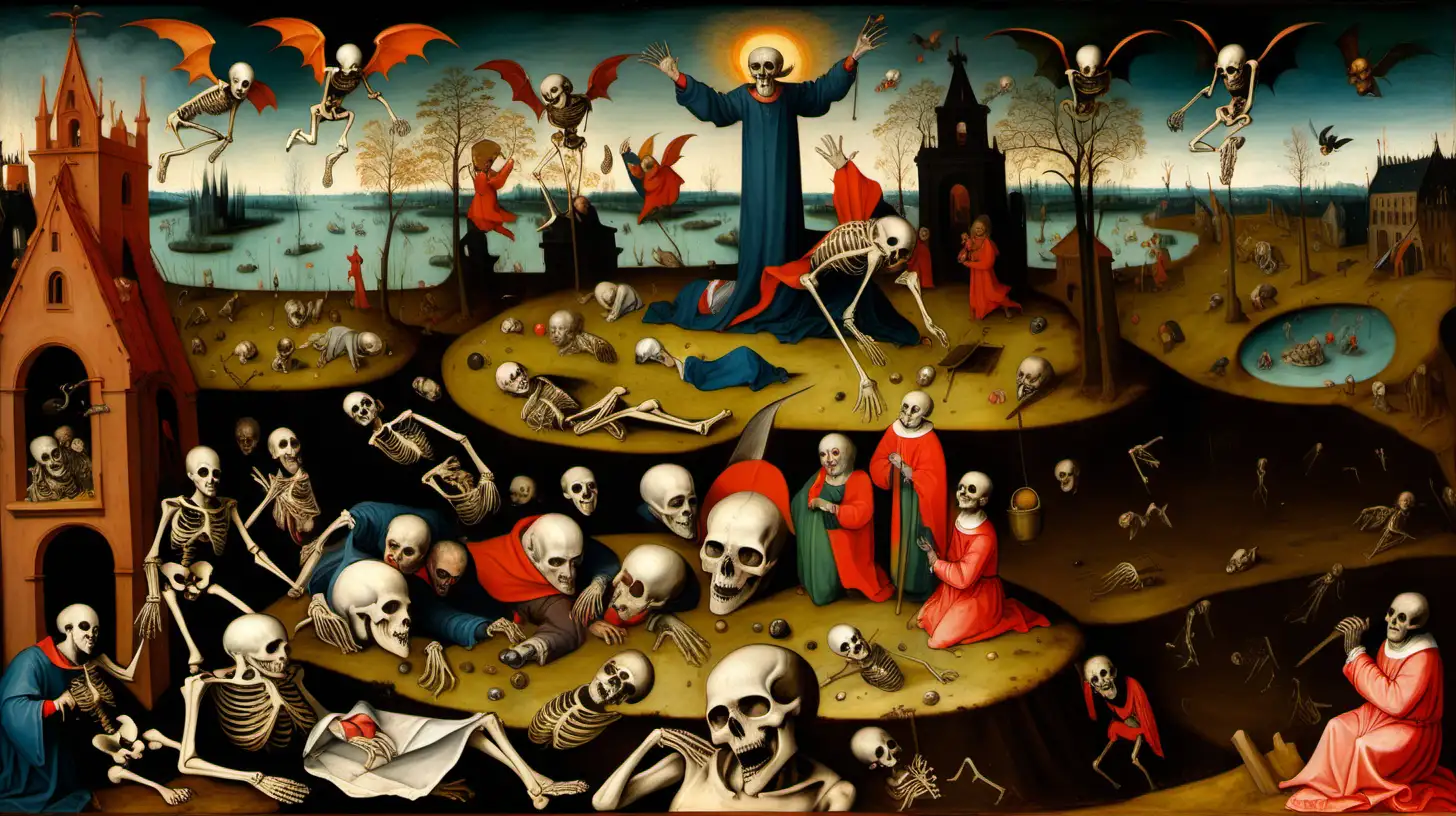a northern renaissance oil painting in the style of Bosch, with skeletons rising from the grave and striking down the living with plague and boils, demons and chimeric creatures loom around and above