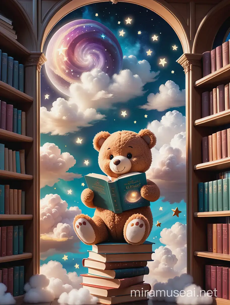 Create a whimsical dreamlike scene of a celestial library bookshelves within the clouds, with teddy bear reading a book