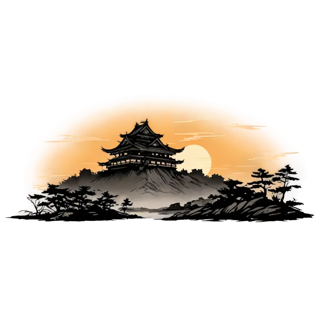 Exquisite-Japanese-Ink-Drawing-in-PNG-Format-Samurai-Legends-and-the-Setting-Sun