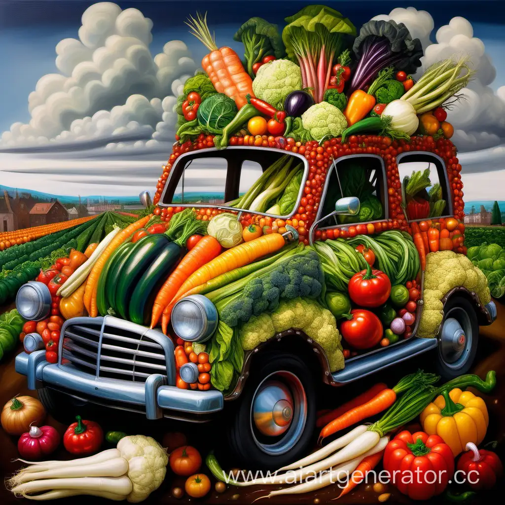 an unusual car made of vegetables, highly detailed oil painting, bright colors , a masterpiece inspired by Giuseppe Arcimboldo