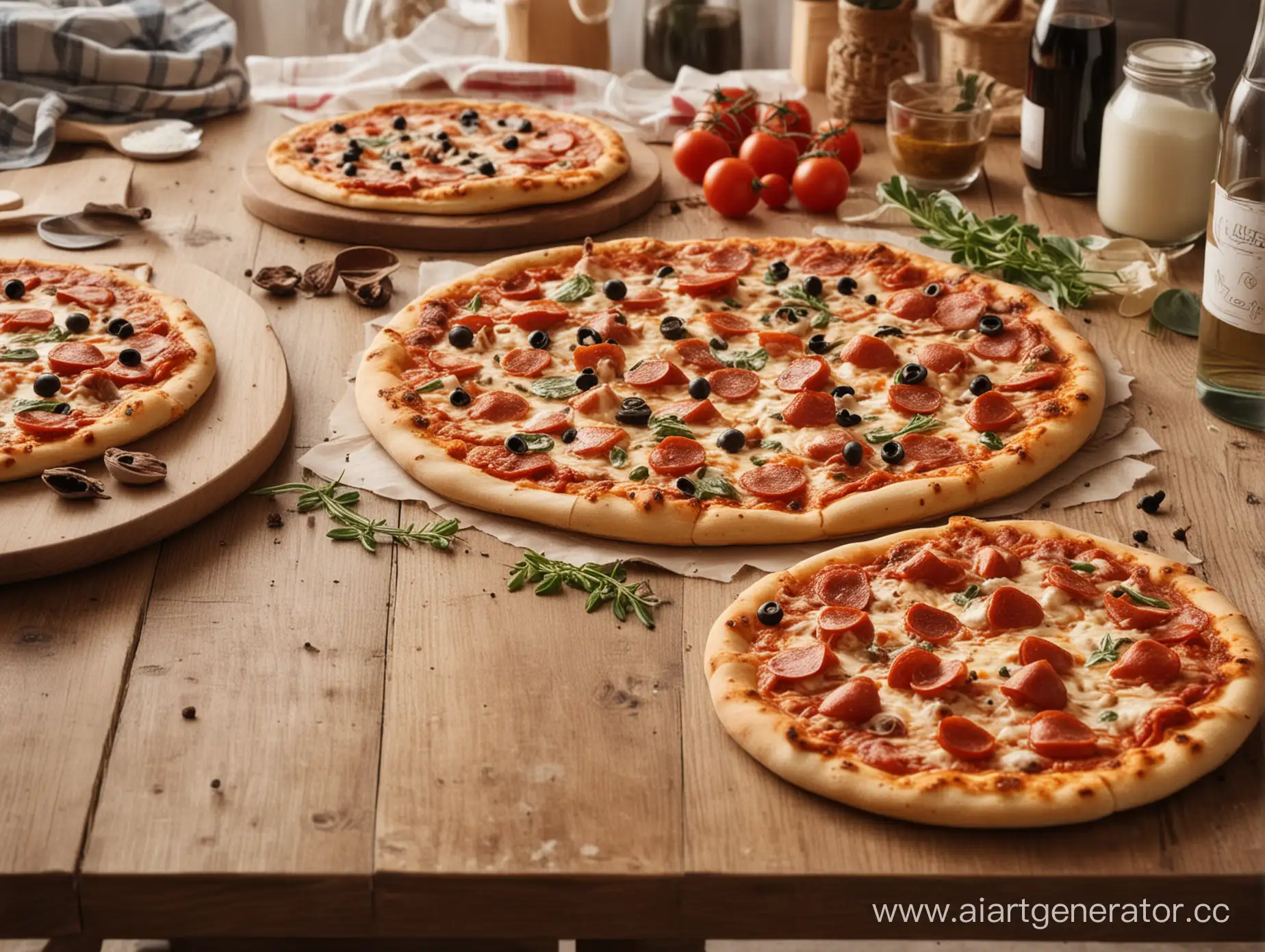 пиццерия, маленькая пицца на большом кухонном столе, вокруг инградиенты