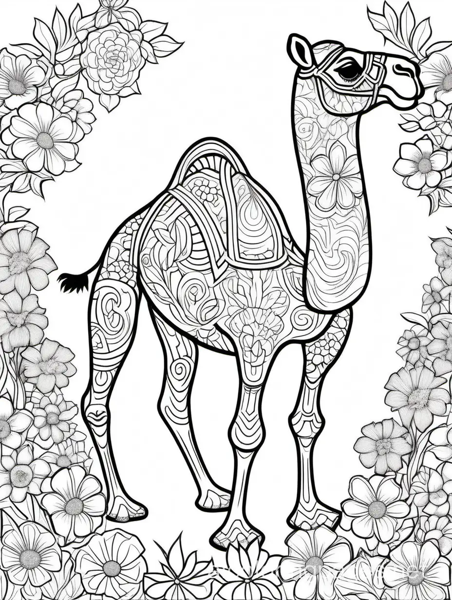 Camel in flowers for adults for women, Coloring Page, black and white, line art, white background, Simplicity, Ample White Space. The background of the coloring page is plain white to make it easy for young children to color within the lines. The outlines of all the subjects are easy to distinguish, making it simple for kids to color without too much difficulty