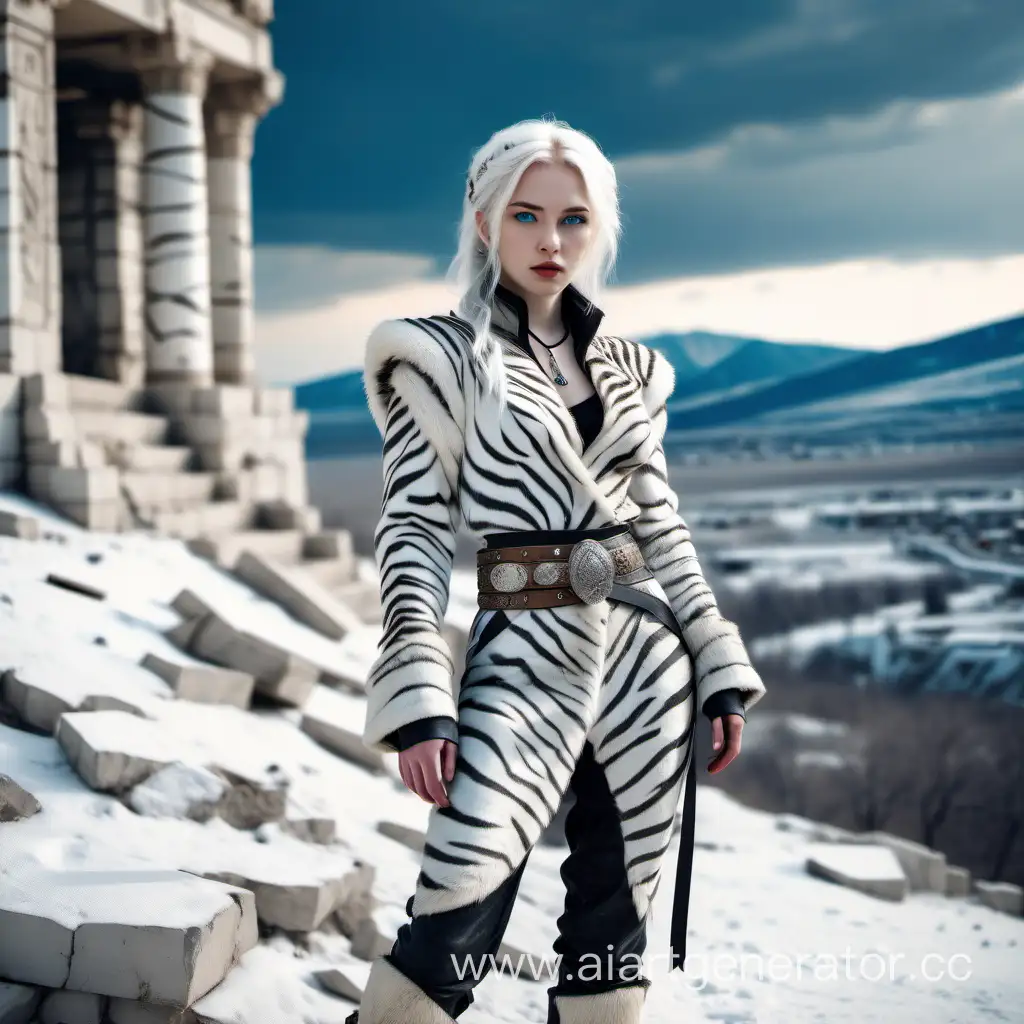 девушка с белыми волосами,25 лет голубые глаза, в стильной одежде из шкур белых тигров в древнем стиле с ремнями,стоит на обрыве горы, с которой видна снежная пустыня с современными руинами