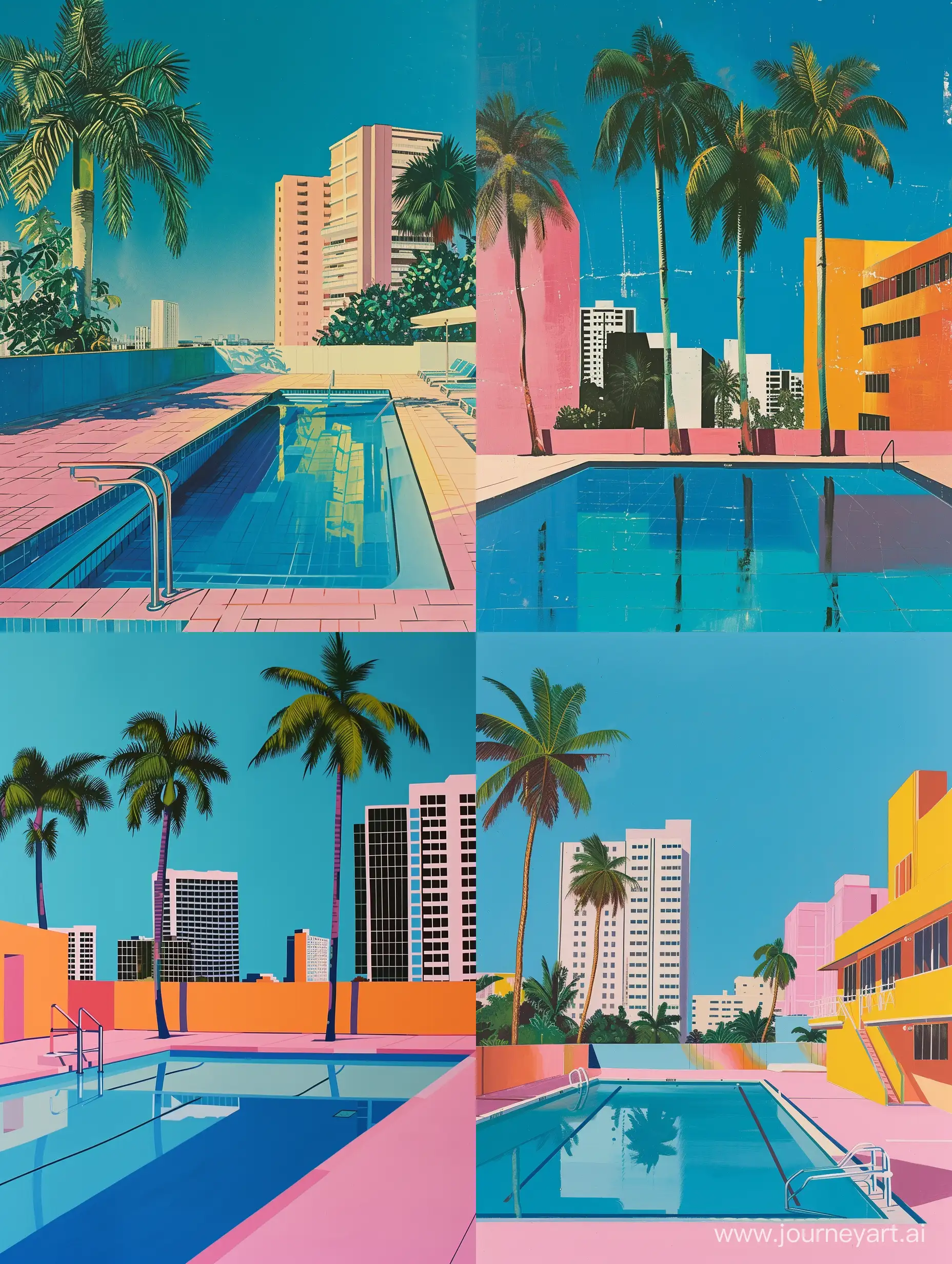 Vibrant 80s Miami City Pool by Hiroshi Nagai | JourneyArt