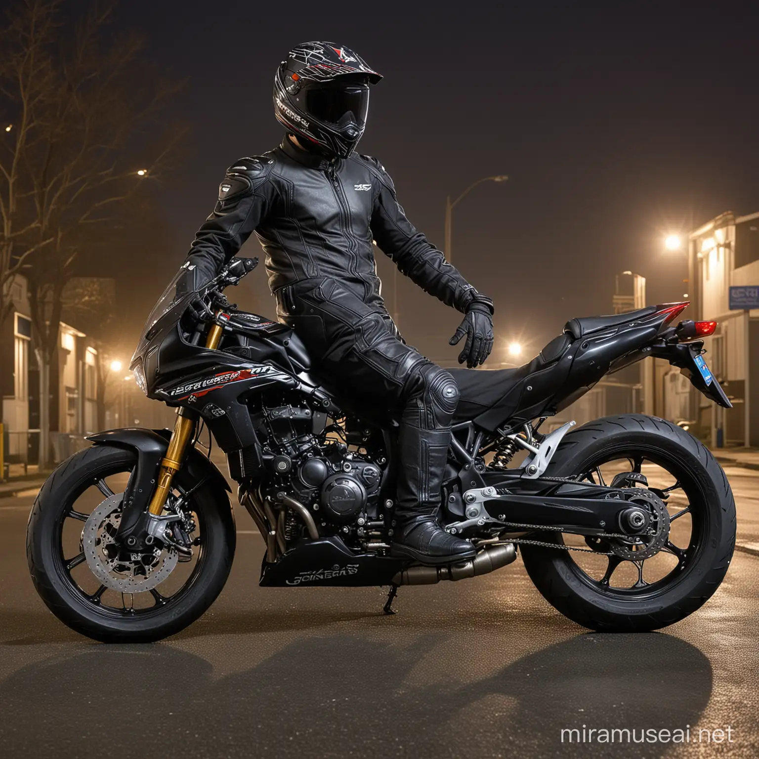 Symbiotic Integration Biker and Honda CBR600RR Exosuit Merge on Wet Pavement at Night