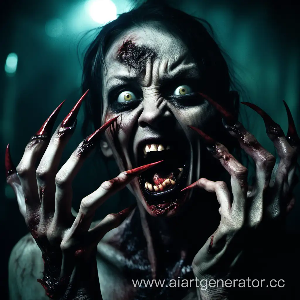 Menacing-Zombie-Woman-with-Fangs-in-Night-Scene