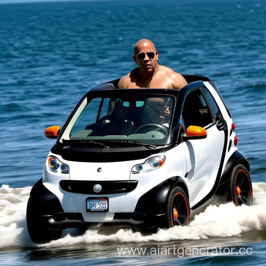 Vin Diesel is driving in his smart car in the ocean