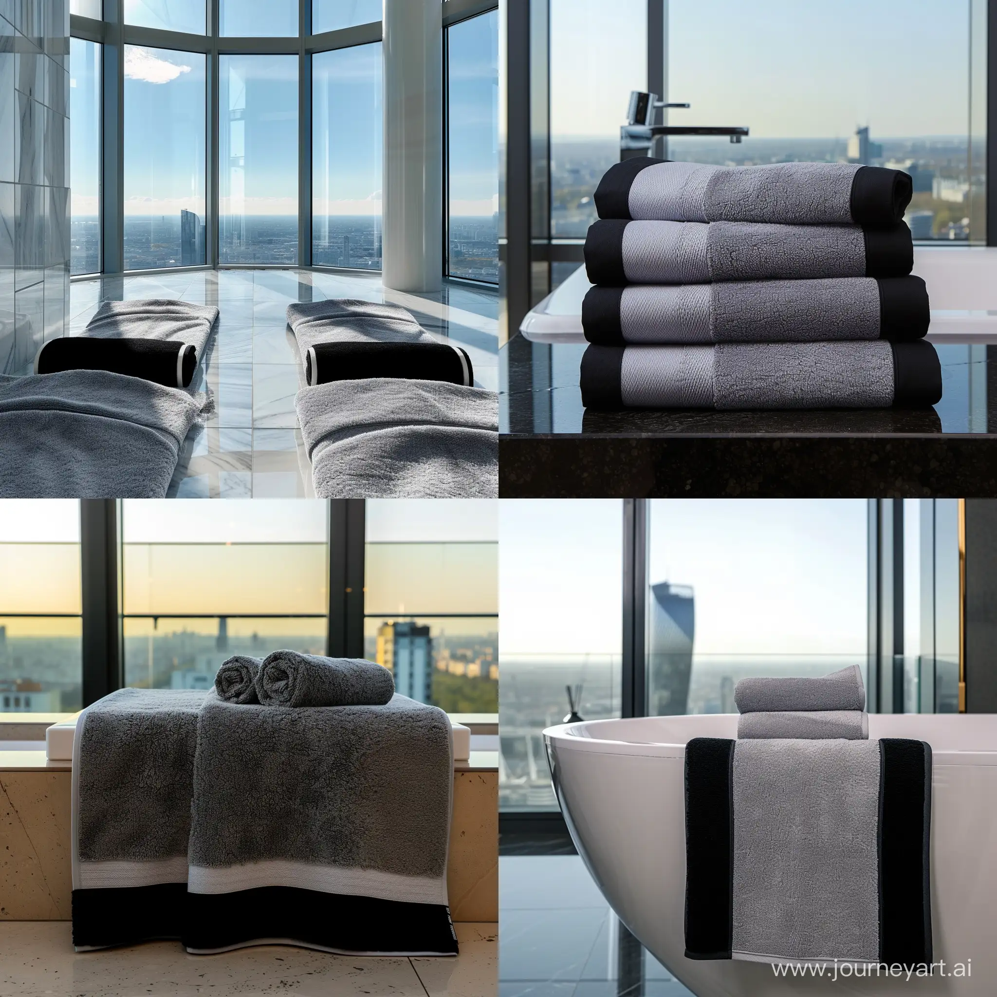 банные полотенца серого цвета с черными бортиками в дорогой квартире с панорамными окнами