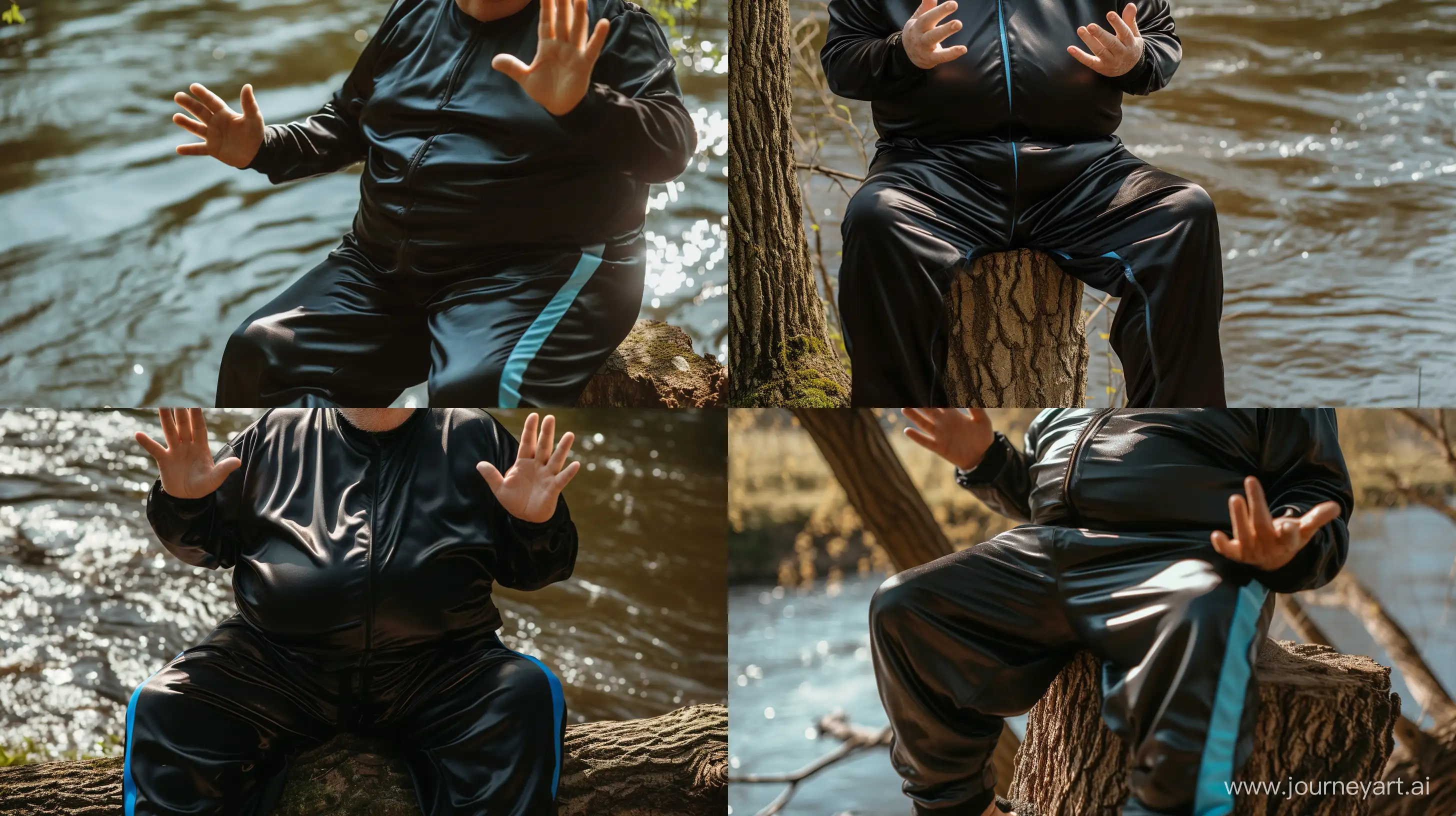 Front view close-up photo centered on the waist of a fat man aged 60 wearing a silk black tight tracksuit with a blue stripe on the pants sitting on a tree trunk with his hands up. Natural Light. River. --style raw --ar 16:9