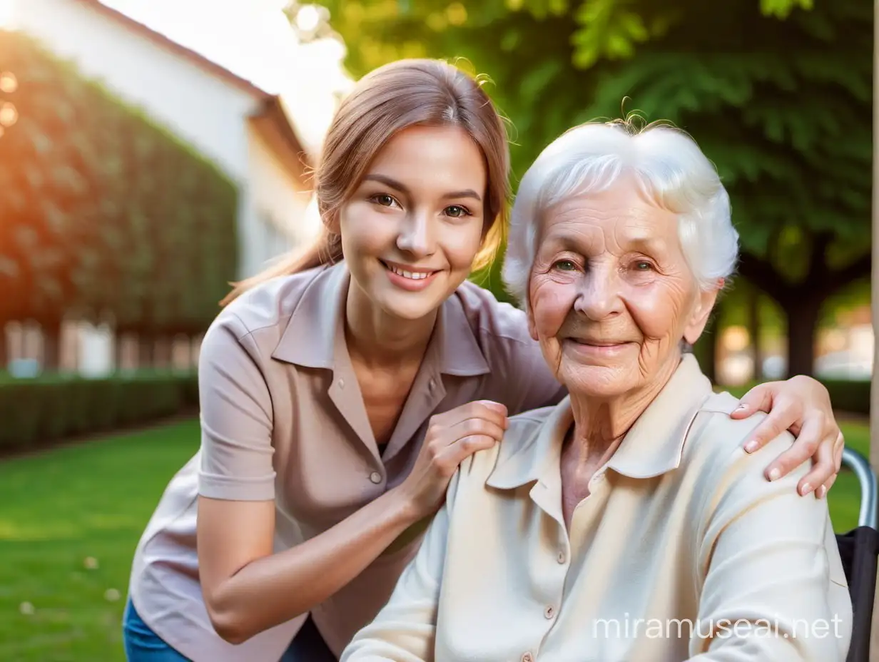 one female professional caregiver with one happy 
female elderly lady. outside. no hands in image. looking at camera. two people only.