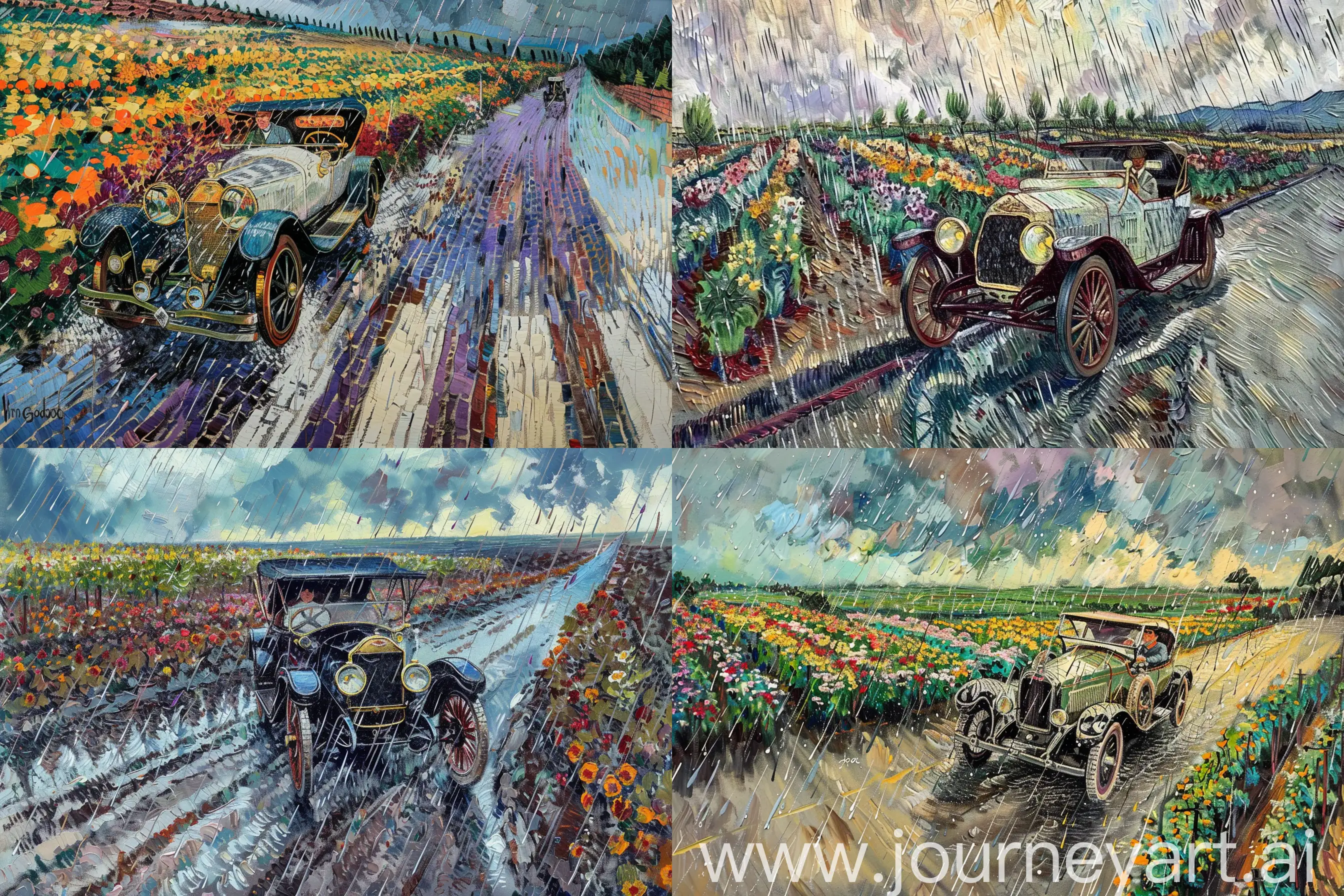 a painting of a vintage car from 1910, with driver on a rural road with plantations of multi-colored flowers under copious rain, very fine brush strokes, extremely detailed, by van gogh --v 6 --quality 2 --ar 3:2