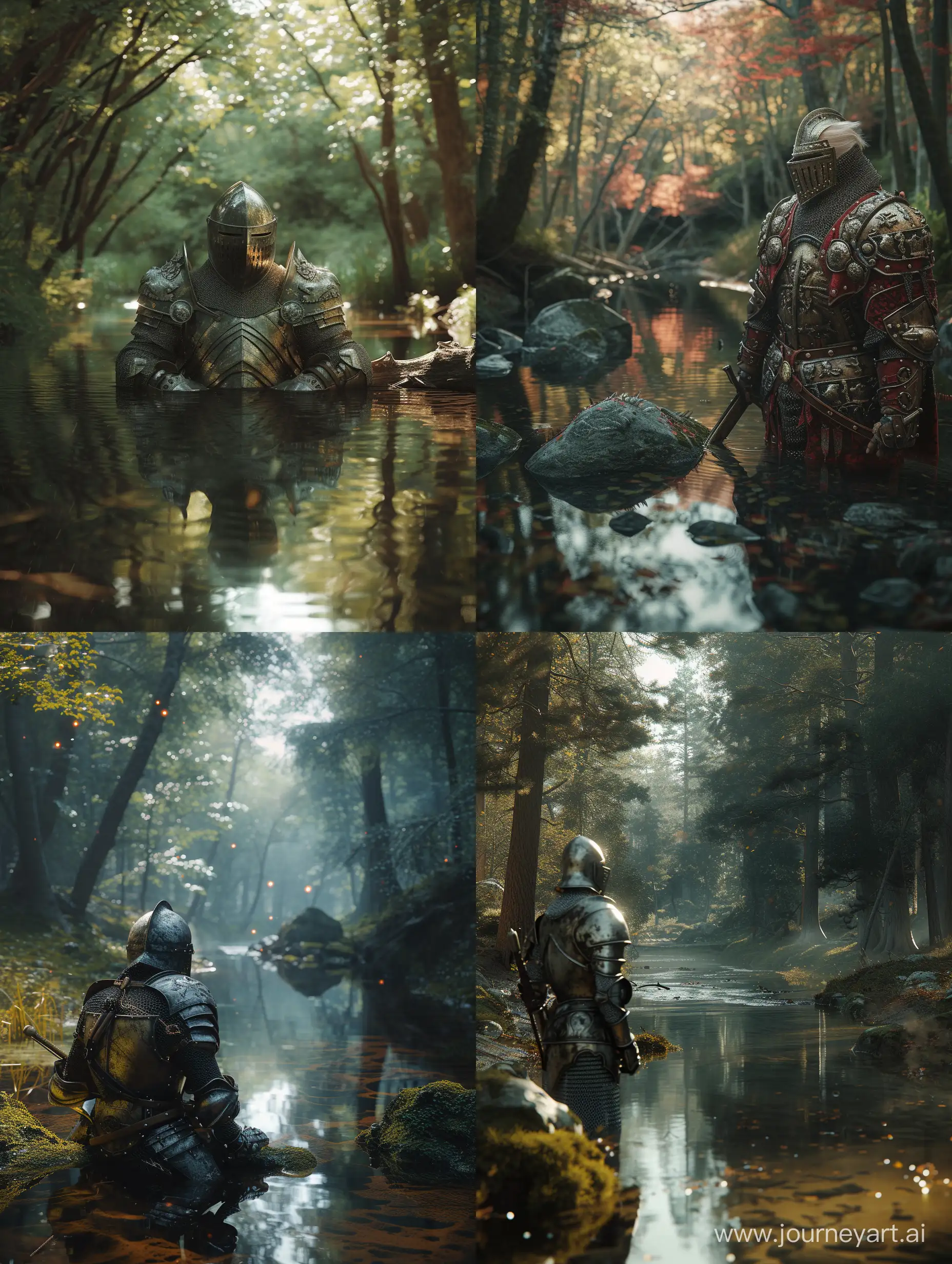 hyper realistic  trump wearing medieval armor  in a forest near a river; hyper realistic scene with all cinema techniques, lights, water, reflection, etc.; all the techniques that exist to make a photo hyper realistic and cinematic.