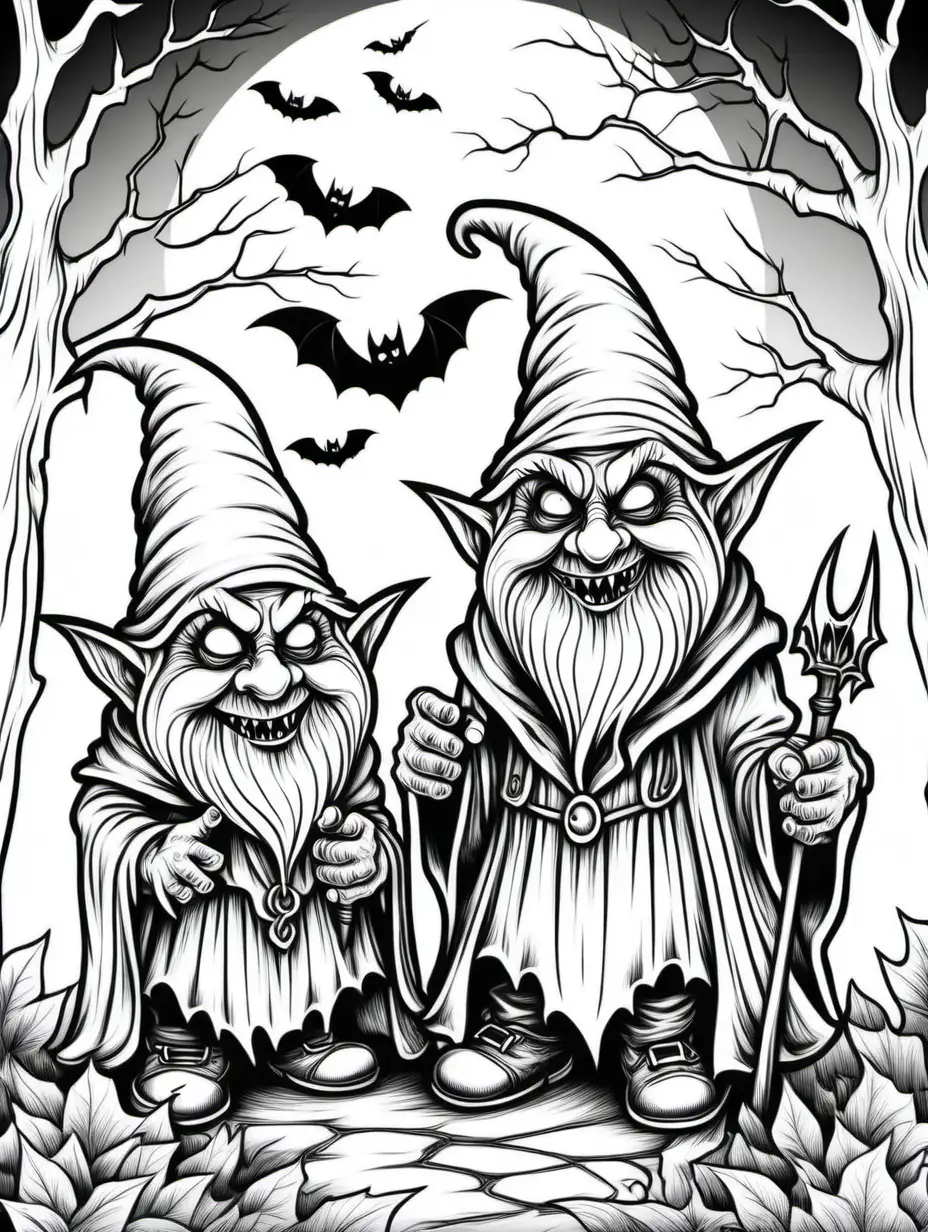 adult coloring page, halloween short scary vampire gnomes, thick lines, low detail, no shading