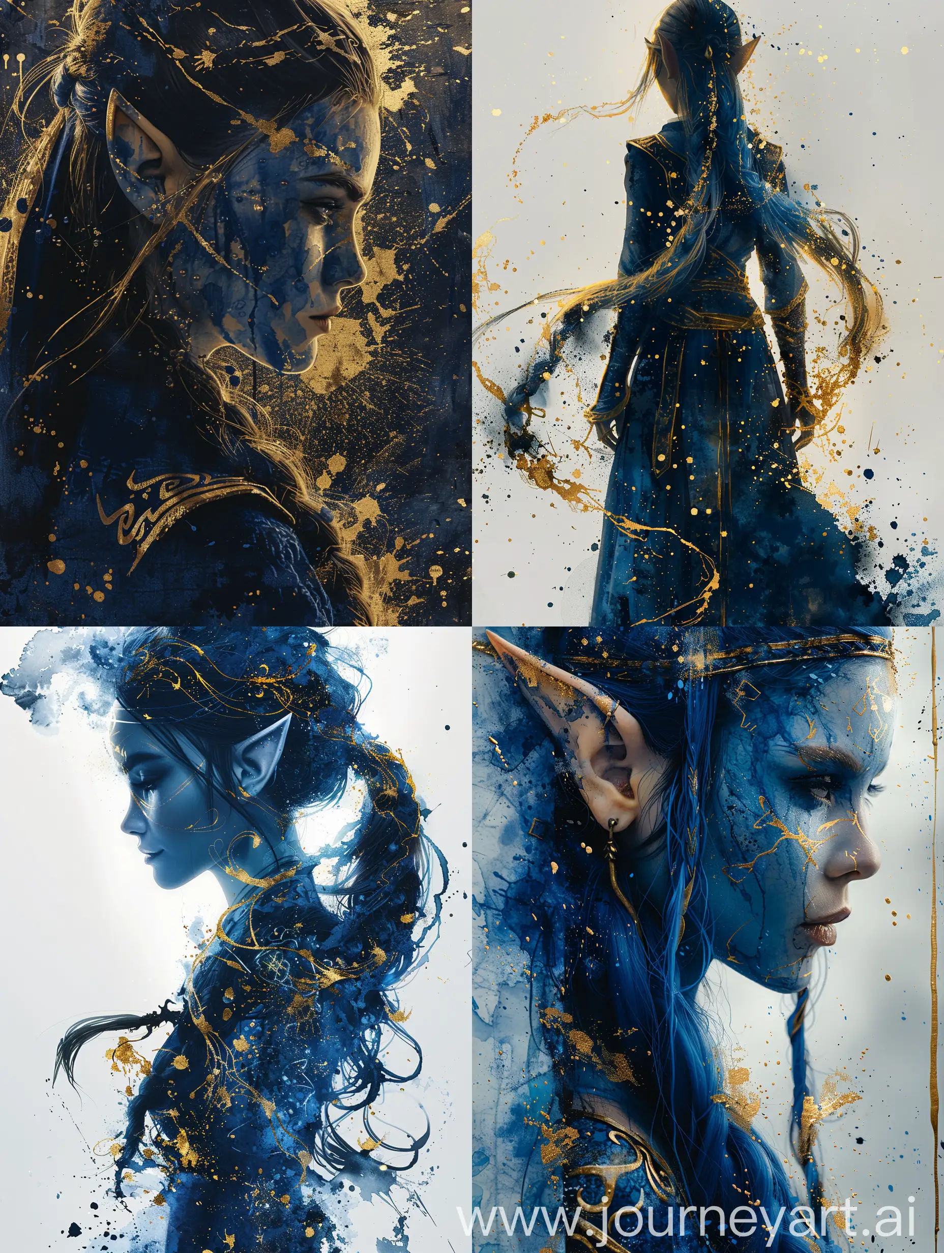 Silhouette of a beautiful (blue and gold cosplaying elf woman) in blue and gold watercolour splash arts, insanely detailed illustration, trending on Artstation, splash art, paint splashes, perfect composition, blue and gold ink spatters, duochrome,  in the style of xu beihong, appropriation artist, moosa al halyan, realistic, cyan, arabesque/scroll, wimmelbilder--ar 9:16 --s 850