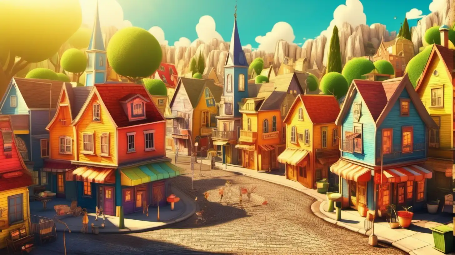 In  cartoon style, an image of a beautiful very small town, similar to  a Loony Tunes cartoon, with a lot of warm sunlight with vivid colors and lively details, ultra hd, vivid colors, highly detailed,  perfect light