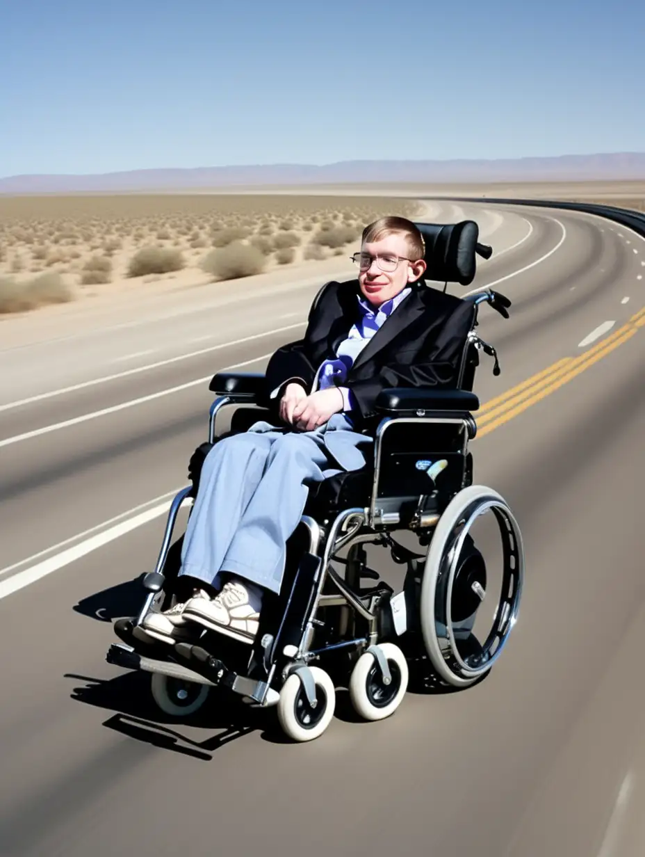霍金坐在轮椅上面在公路上飞快的行驶，速度快到车子追不上，快要起飞