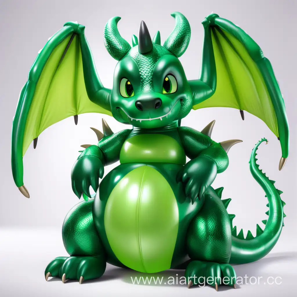 Латексная девушка фурри дракон с зеленой надувной латексной кожей с мордой дракона вместо лица. С большими крыльями. Изображение сделать в милой стилистике