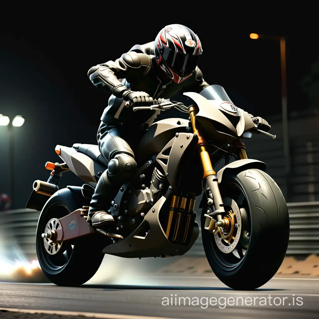 A motorcycle with two front wheels and one rear wheel, with a rider on top, is racing on the road, with a dark background.