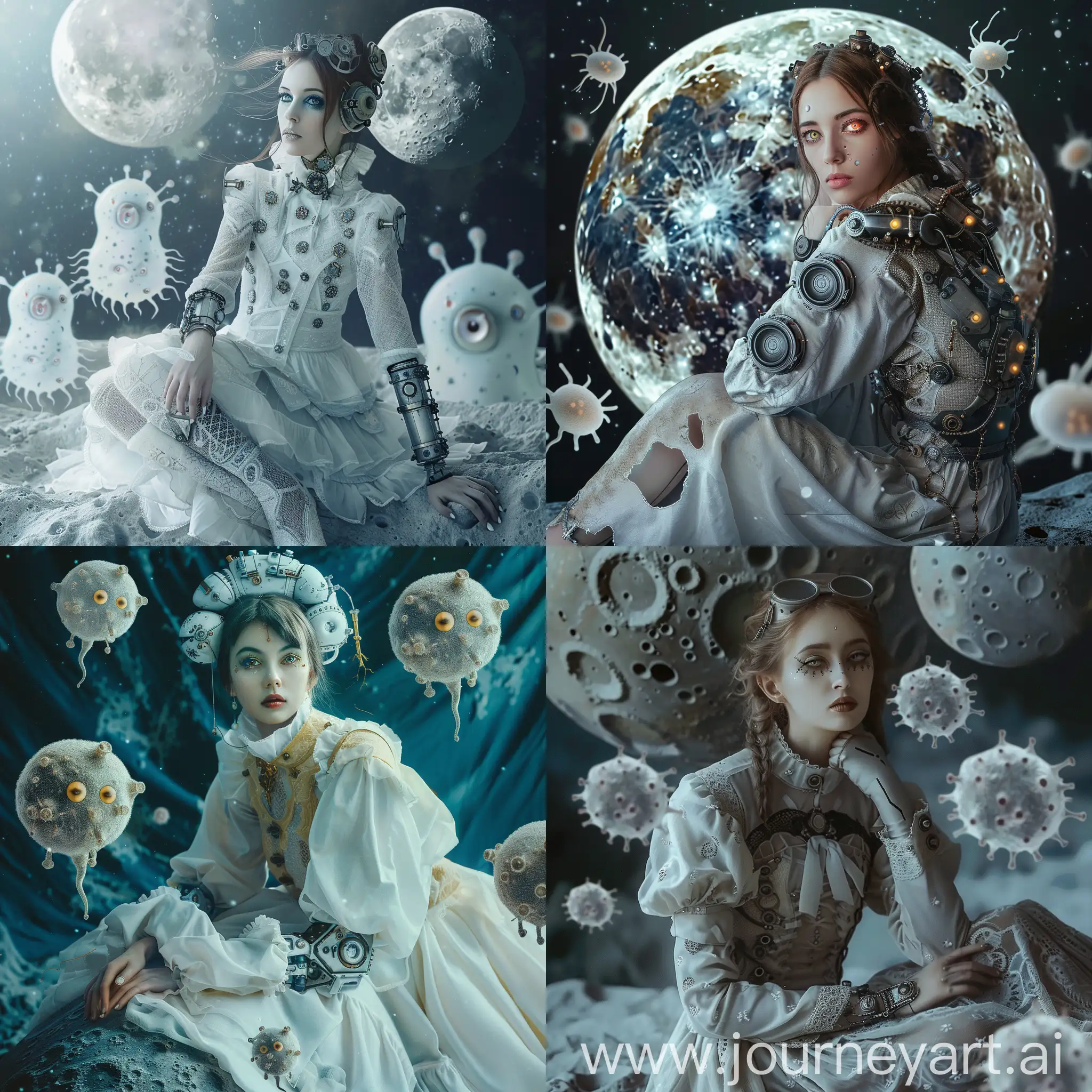 A beautiful medieval steampunk cyborg woman with beautiful eyes sitting on the moon surrounded by cute bacteria ghosts. Photographic