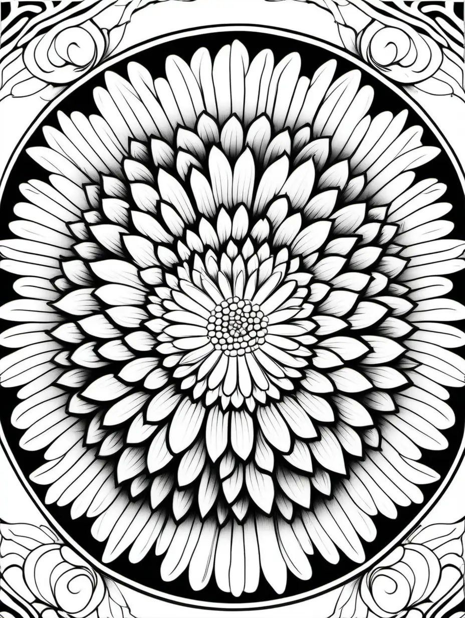 Chrysanthemum mandala, adult coloring page, black and white, clean lines