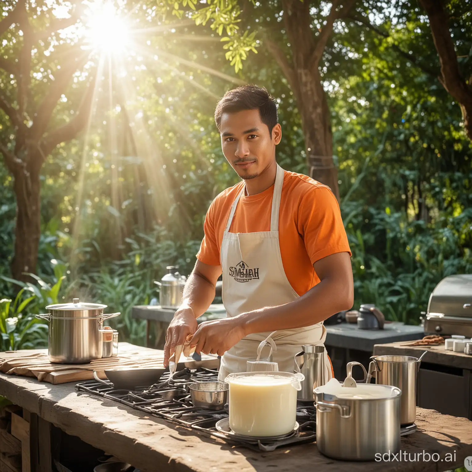 an Indonesian male bartender, orange t-shirt, apron that says "STMJ KAFFAH" is cooking milk in a modern outdoor kitchen, beautiful forest background with charming sunlight, Shot on Canon 6d, Iso : 1200, sS 1/400, F -4.5