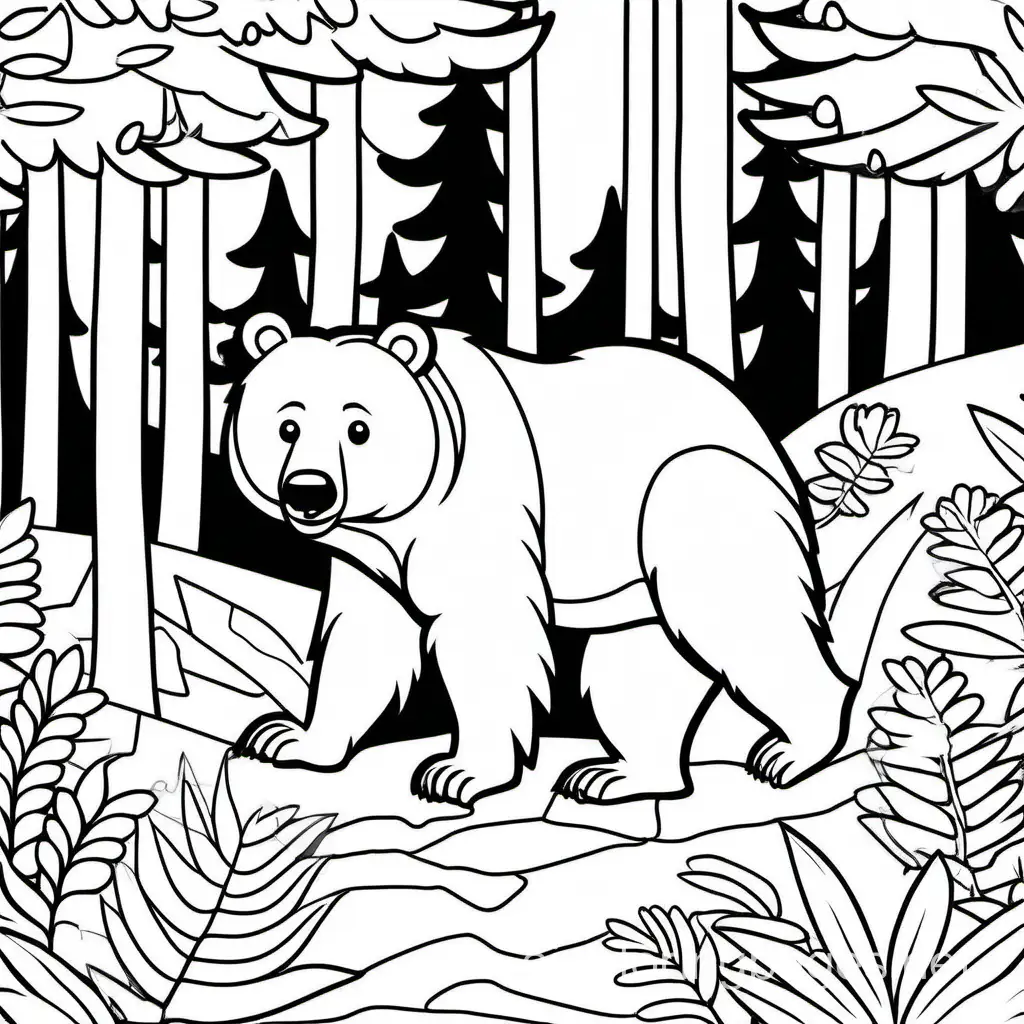 Bear-in-Forest-Coloring-Page-Simple-Line-Art-for-Kids