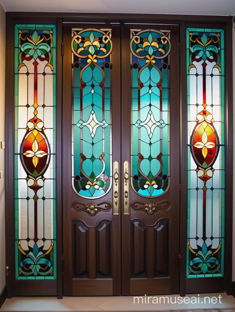 витраж тиффани в античном стиле на дверях, из цветного стекла тиффани