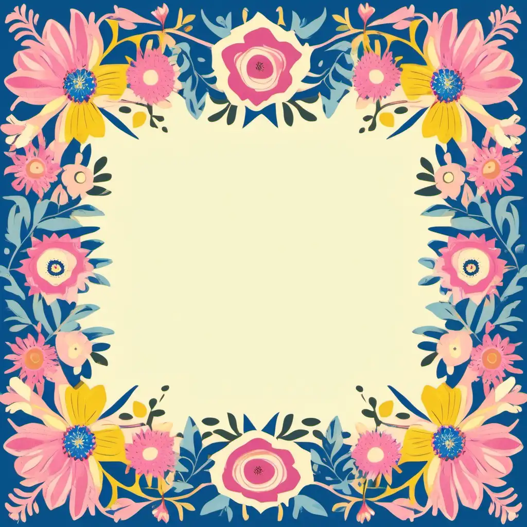 an illustration of floral  square outside border in pink, blue, and yellow