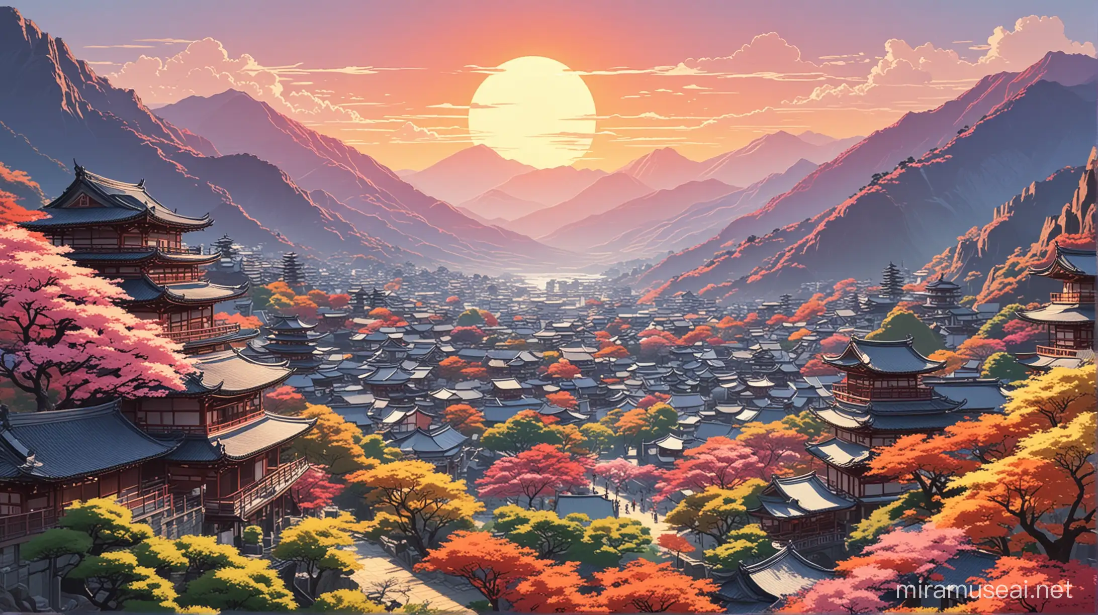 Scenic View of Ancient Japanese City with Colorful Sun and Mountain Silhouettes