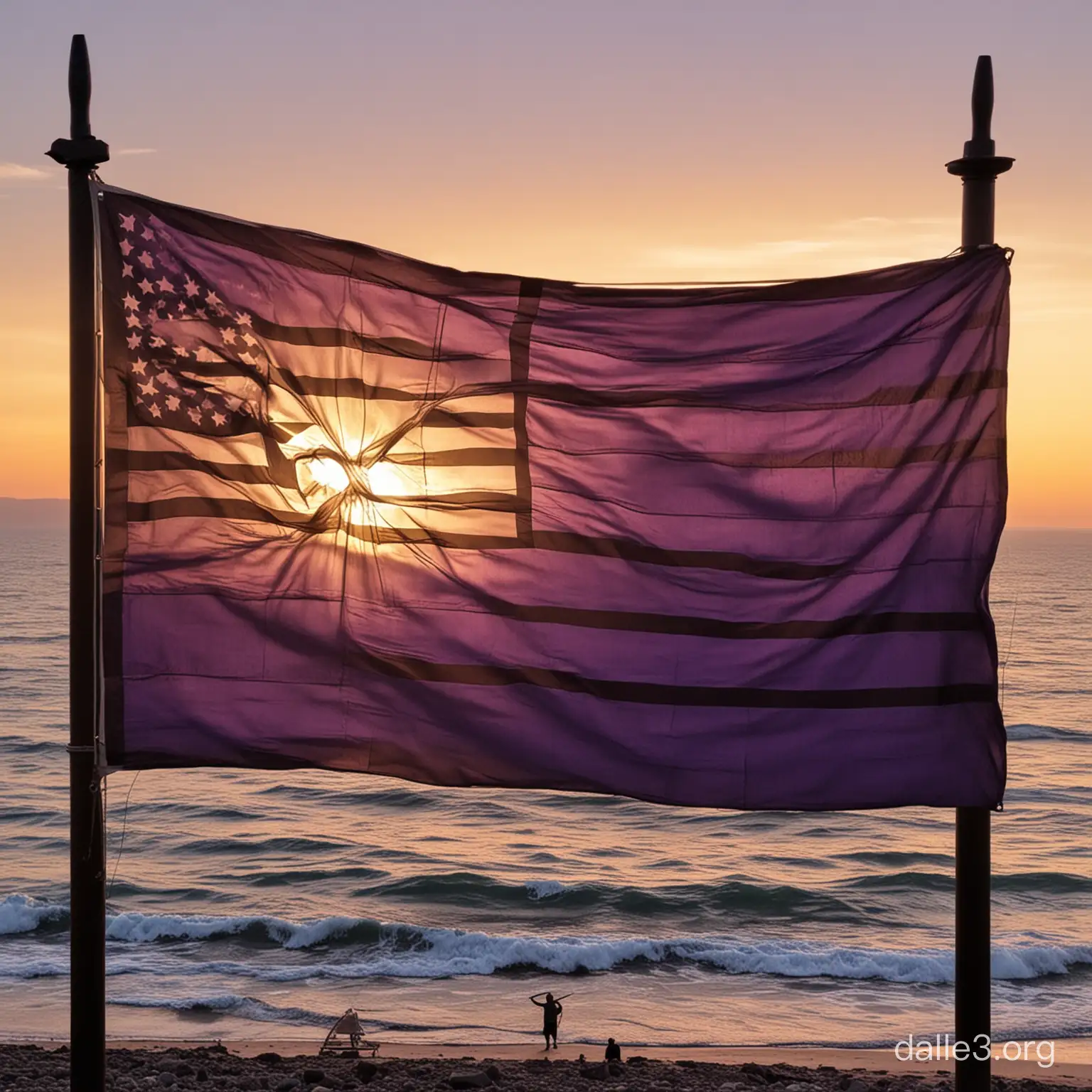 an old flag that is in the process of being repainted from purple to black with the sea and sunset in the background